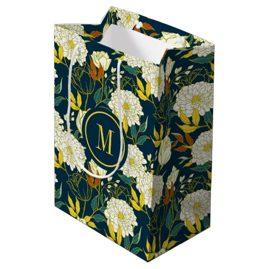 Witte bloemen kleurig bladeren patroon medium cadeauzakje (Achterkant Gekanteld)