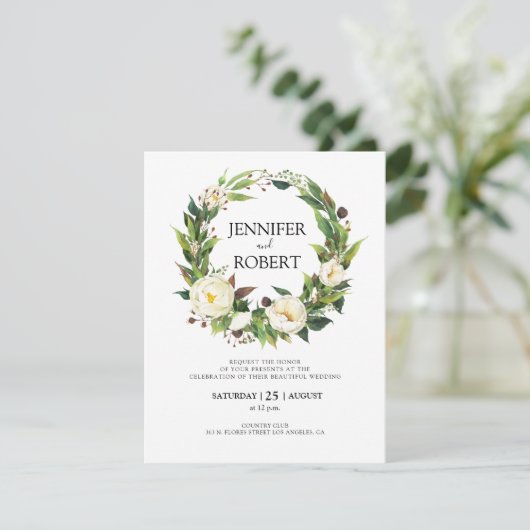 Witte bloemen krans bruiloft uitnodiging (Staand voorkant)