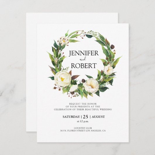 Witte bloemen krans bruiloft uitnodiging (Voorkant / Achterkant)