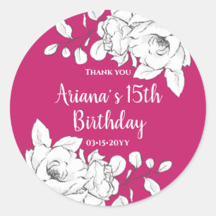 Witte Bloemen Magenta Verjaardag Ronde Sticker