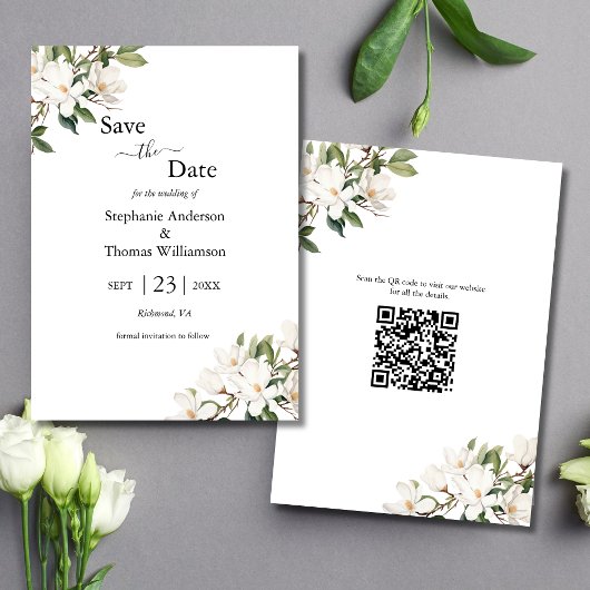 Witte Bloemen Magnolias Groen QR code Bruiloft Save The Date