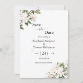 Witte Bloemen Magnolias Groen QR code Bruiloft Save The Date (Voorkant)