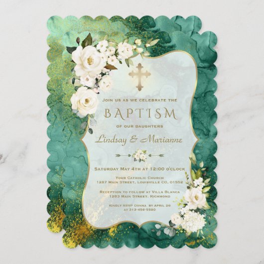 Witte Bloemen Malachiet Gouden Tweeling Doop Kaart (Voorkant / Achterkant)