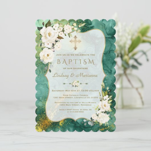 Witte Bloemen Malachiet Gouden Tweeling Doop Kaart (Staand voorkant)