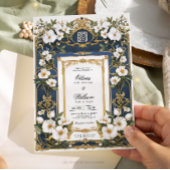 Witte Bloemen Marine Blauw & Goud Huwelijksuitnodi Kaart