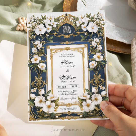 Witte Bloemen Marine Blauw & Goud Huwelijksuitnodi Kaart