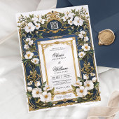 Witte Bloemen Marine Blauw & Goud Huwelijksuitnodi Kaart
