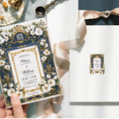 Witte Bloemen Marine Blauw & Goud Huwelijksuitnodi Kaart