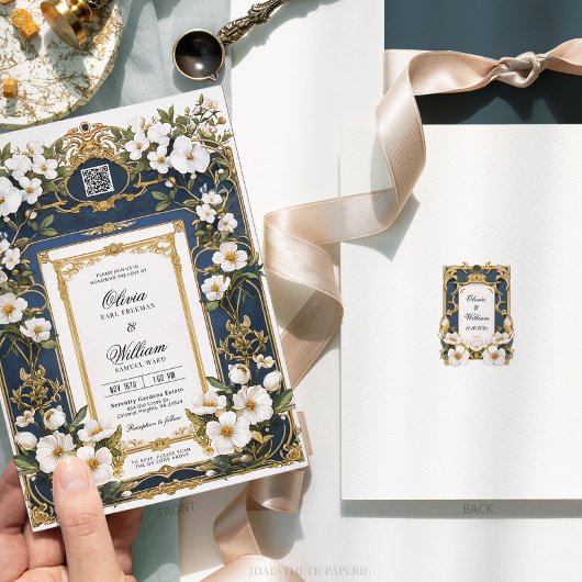 Witte Bloemen Marine Blauw & Goud Huwelijksuitnodi Kaart