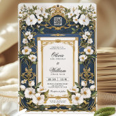 Witte Bloemen Marine Blauw & Goud Huwelijksuitnodi Kaart