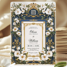 Witte Bloemen Marine Blauw & Goud Huwelijksuitnodi