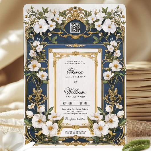 Witte Bloemen Marine Blauw & Goud Huwelijksuitnodi Kaart