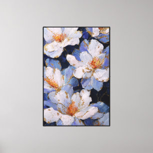 Witte Bloemen met Blauwe en Gouden Accenten Abstra Canvas Afdruk
