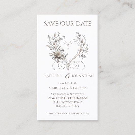 Witte Bloemen met een Hart - Bewaar de Datum - Visitekaartje (Voorkant)