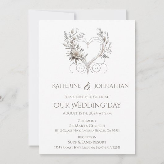 Witte bloemen met een hart bruiloft kaart (Voorkant)