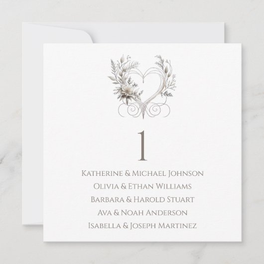 Witte bloemen met een hart bruiloft zithoek kaart (Voorkant)