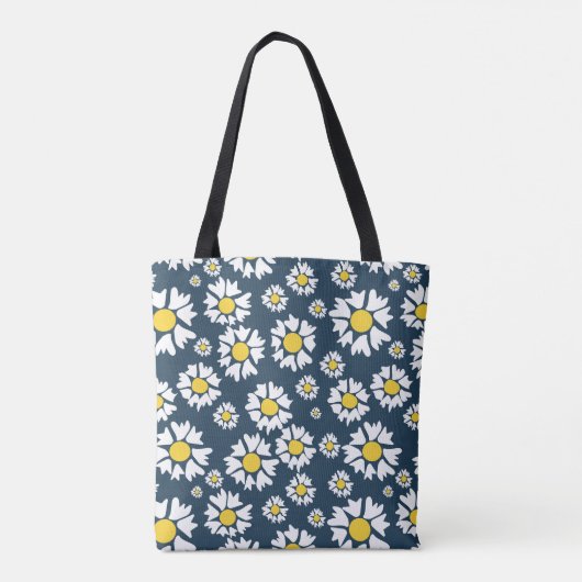 Witte bloemen met geel centrum, blauwe achtergrond tote bag (Achterkant)