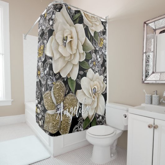 Witte Bloemen met Glitters en Persoonlijke Naam Douchegordijn (In situ)