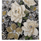Witte Bloemen met Glitters en Persoonlijke Naam Douchegordijn (Voorkant)