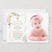 Witte Bloemen met Gouden Lijst Foto Doop Kaart (Voorkant)