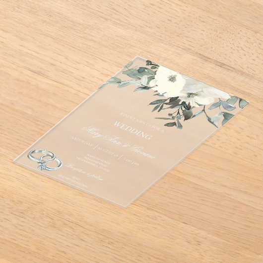 Witte Bloemen met gouden ring Huwelijk Acryl Invit Acryl Uitnodigingen (Laagn)