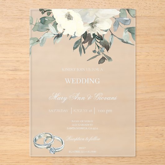 Witte Bloemen met gouden ring Huwelijk Acryl Invit Acryl Uitnodigingen (Voorkant)