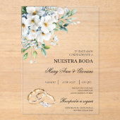 Witte Bloemen met gouden ring Spaanse bruiloft Acryl Uitnodigingen (Voorkant)
