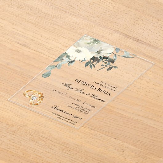Witte Bloemen met gouden ring Spaanse bruiloft Acryl Uitnodigingen (Laagn)