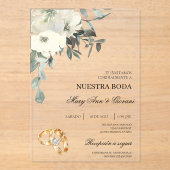 Witte Bloemen met gouden ring Spaanse bruiloft Acryl Uitnodigingen (Voorkant)