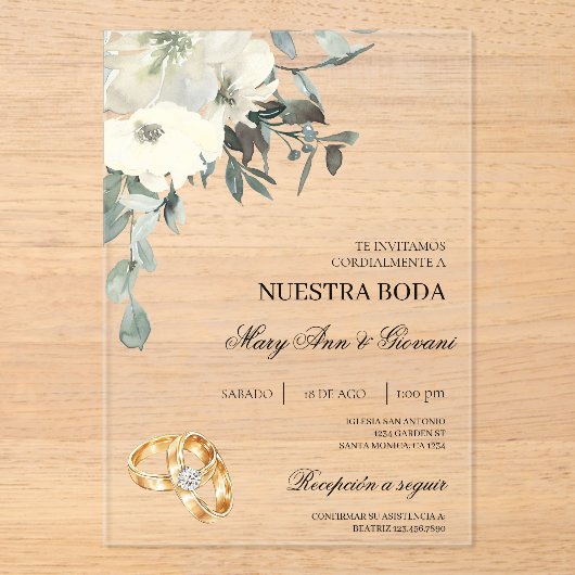 Witte Bloemen met gouden ring Spaanse bruiloft Acryl Uitnodigingen (Voorkant)