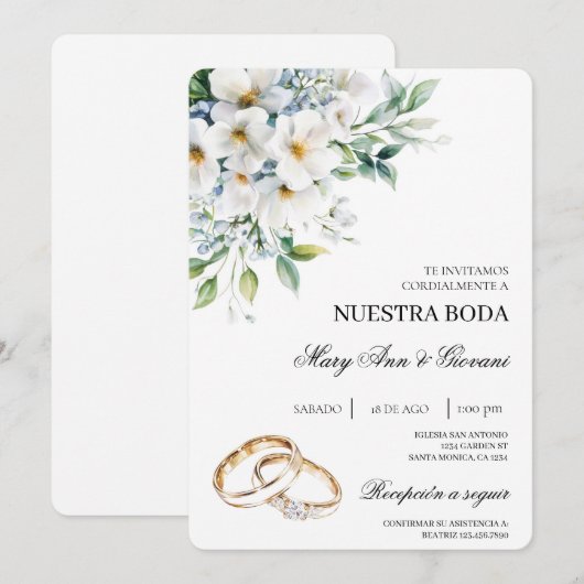 Witte Bloemen met gouden ring Spaanse bruiloft Kaart (Voorkant / Achterkant)