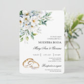 Witte Bloemen met gouden ring Spaanse bruiloft Kaart (Staand voorkant)