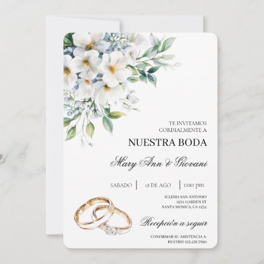 Witte Bloemen met gouden ring Spaanse bruiloft Kaart (Voorkant)