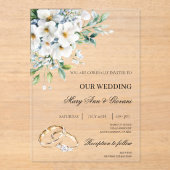 Witte Bloemen met gouden ring Trouwen Acryl Uitnodigingen (Voorkant)