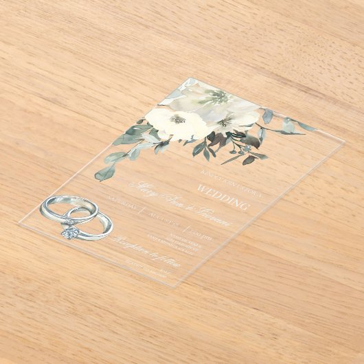 Witte Bloemen met gouden ring Trouwen Acryl Uitnodigingen (Laagn)