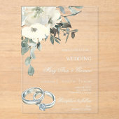 Witte Bloemen met gouden ring Trouwen Acryl Uitnodigingen (Voorkant)