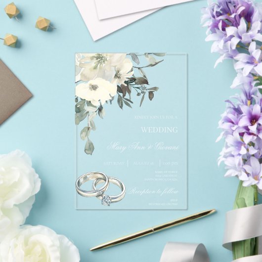 Witte Bloemen met gouden ring Trouwen Acryl Uitnodigingen (Insitu (Huwelijk))