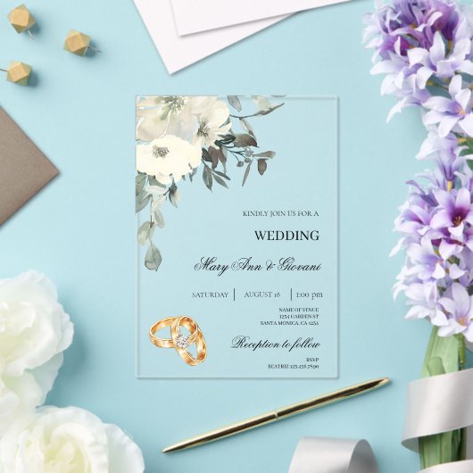 Witte Bloemen met gouden ring Trouwen Acryl Uitnodigingen (Insitu (Huwelijk))