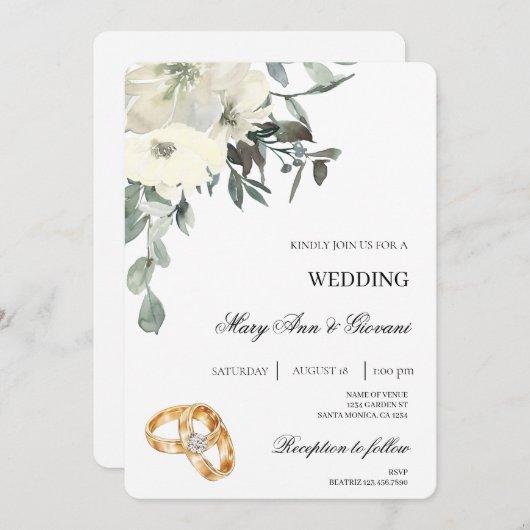 Witte Bloemen met gouden ring Trouwen Kaart (Voorkant / Achterkant)