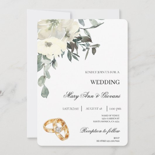 Witte Bloemen met gouden ring Trouwen Kaart (Voorkant)