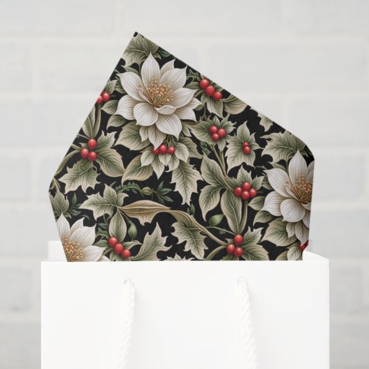 Witte bloemen met hulst en rode bessen tissuepapier (Cadeauzakje)