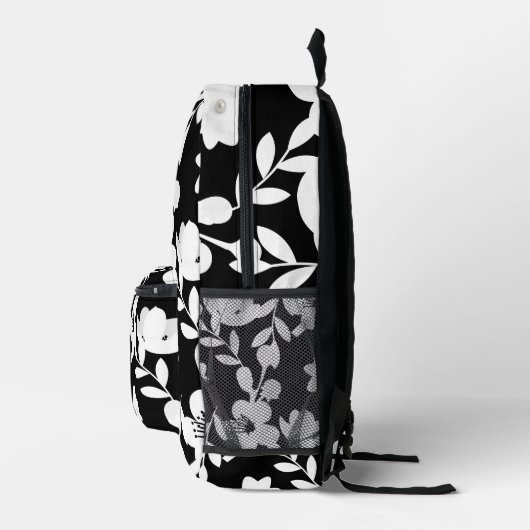 Witte bloemen met parels op zwart bedrukte rugzak (Rechts)