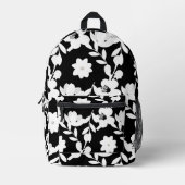 Witte bloemen met parels op zwart bedrukte rugzak (Voorkant)