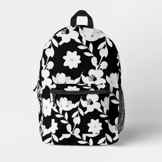 Witte bloemen met parels op zwart bedrukte rugzak (Voorkant)