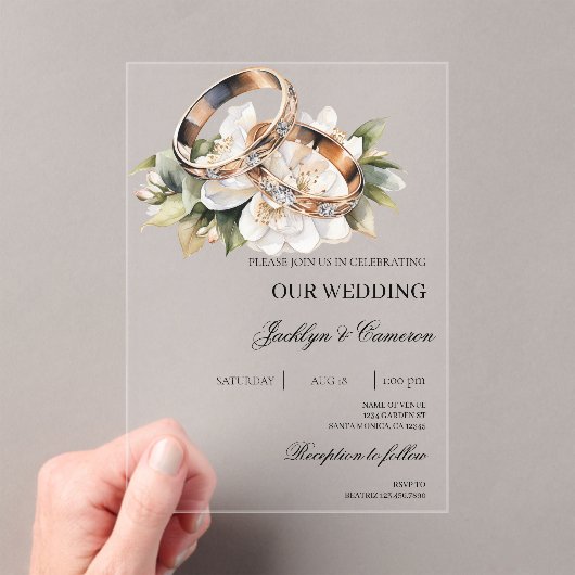 Witte Bloemen met Ring Wedding Acryl Uitnodigingen (Insitu (Draagbaar))