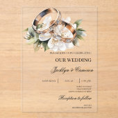 Witte Bloemen met Ring Wedding Acryl Uitnodigingen (Voorkant)
