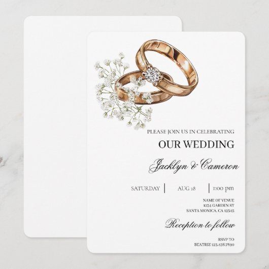 Witte Bloemen met Ring Wedding Kaart (Voorkant / Achterkant)