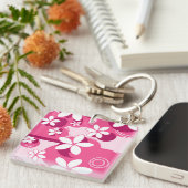 Witte Bloemen met Roze Contouren Sleutelhanger (Voorkant Rechts)