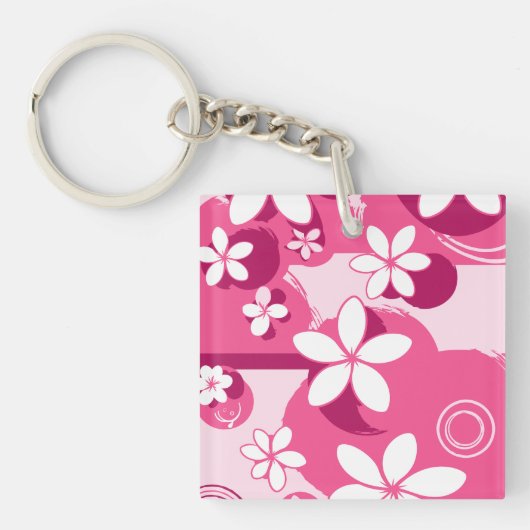 Witte Bloemen met Roze Contouren Sleutelhanger (Voorkant)