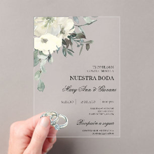 Witte Bloemen met zilveren ring Spaanse bruiloft Acryl Uitnodigingen